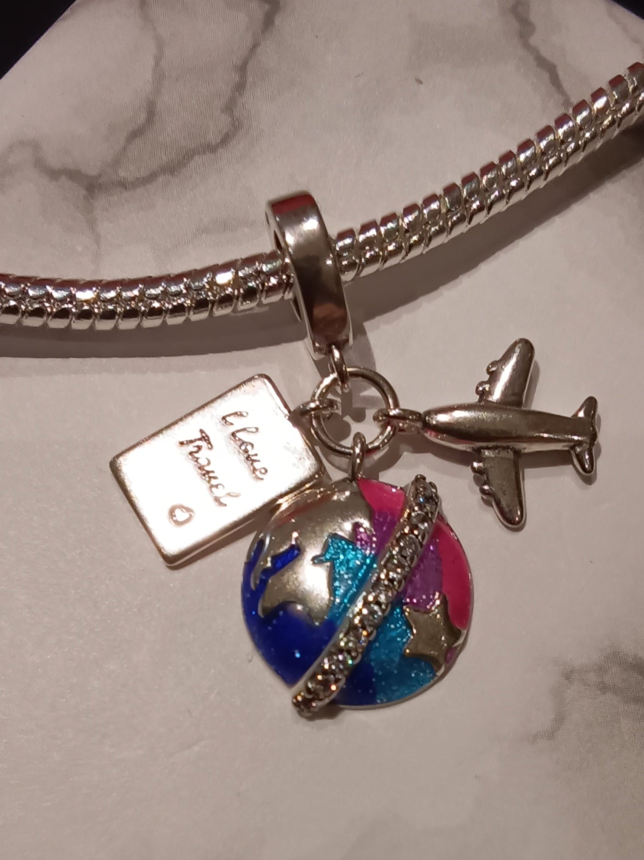 Gliederarmband +Charm Anhänger "Reisen" 925er Sterling Silber