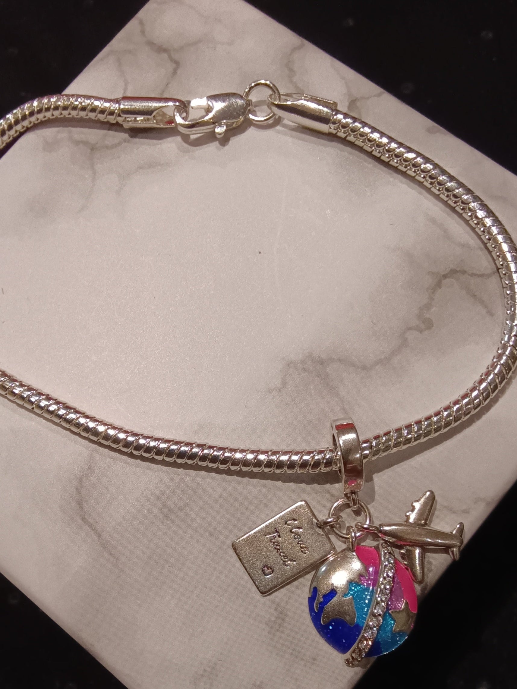 Gliederarmband +Charm Anhänger "Reisen" 925er Sterling Silber