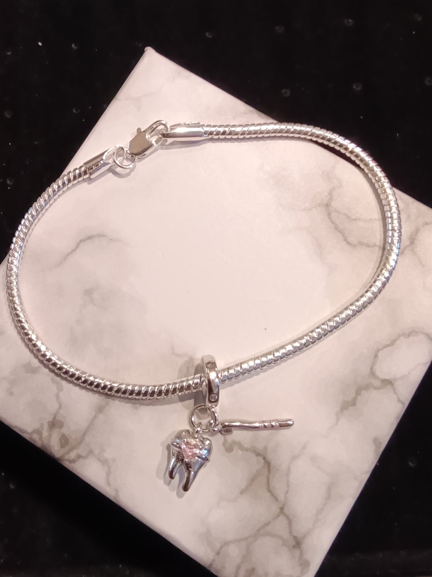 Gliederarmband + Charm Anhänger "Zahn/Bürste" 925 er Sterling Silber