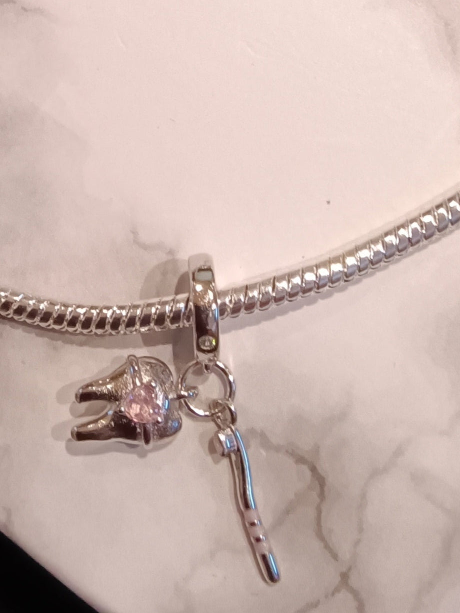 Gliederarmband + Charm Anhänger "Zahn/Bürste" 925 er Sterling Silber