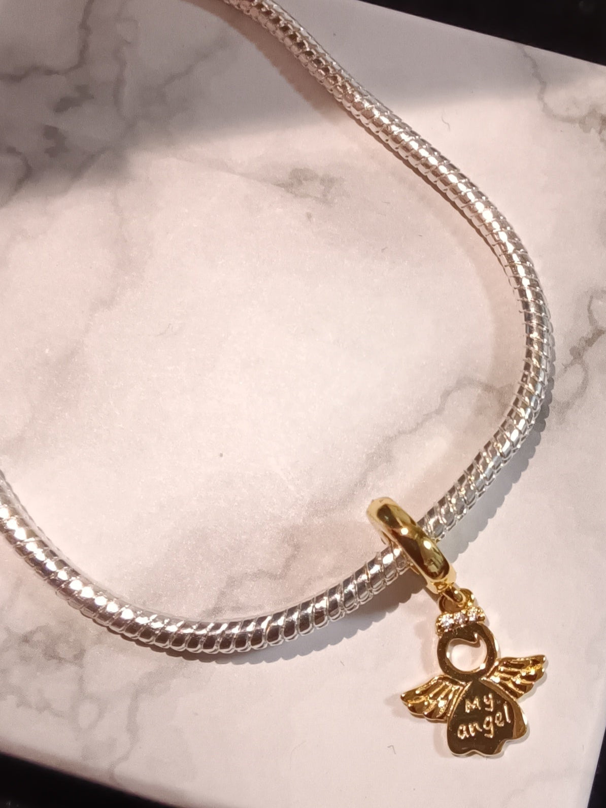 Gliederarmband+Charm Anhänger "Engel Gold" 925 er Sterling Silber