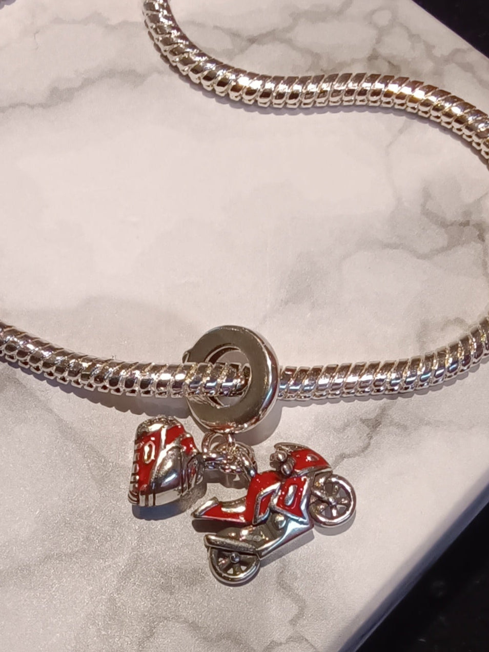 Gliederarmband+Charm Anhänger "Motorrad/Helm"925er Sterling Silber