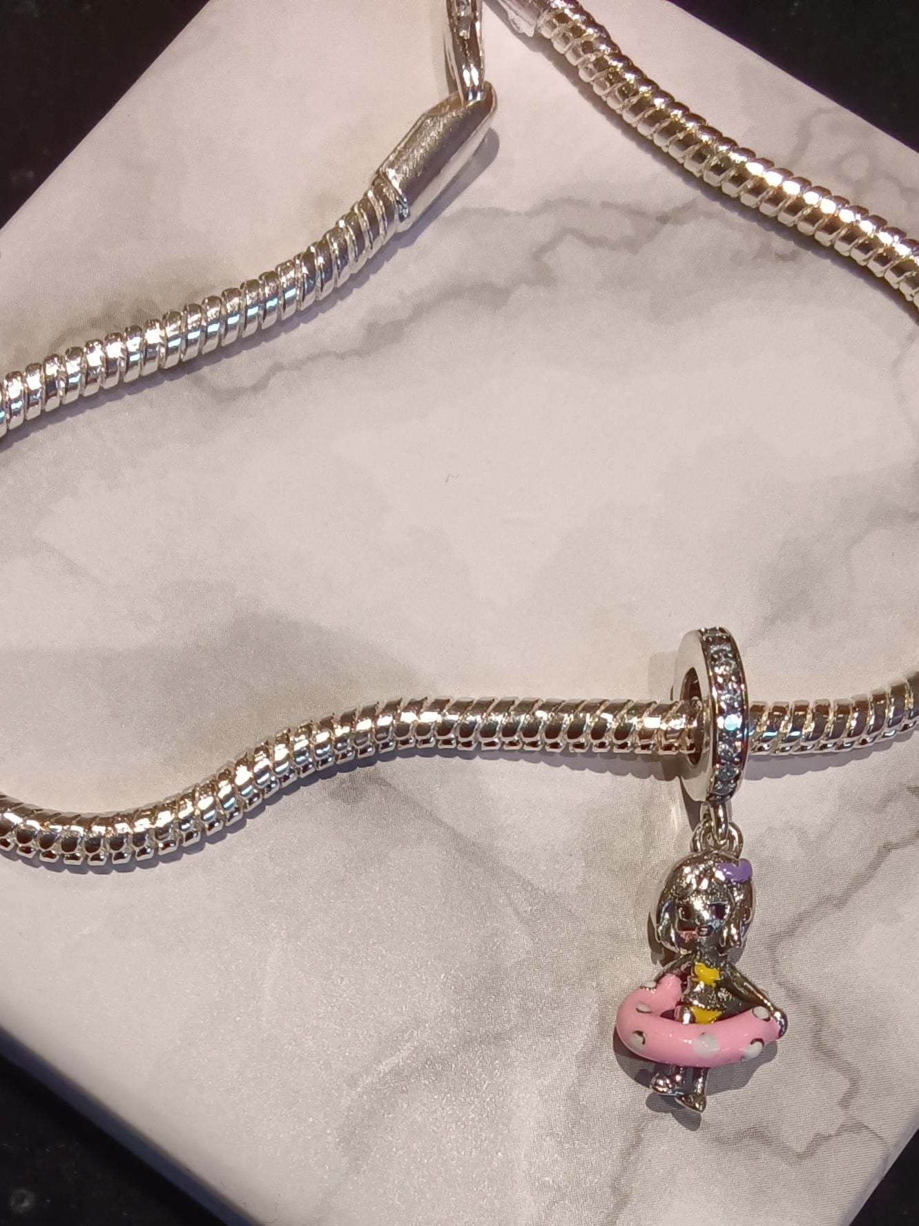 Gliederarmband+Charm Anhänger "Mädchen/Schwimmring"925 er Sterling Silber