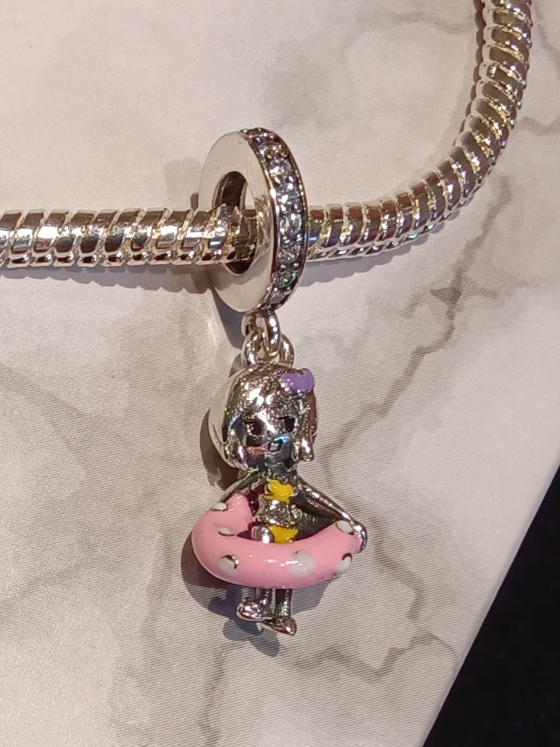 Gliederarmband+Charm Anhänger "Mädchen/Schwimmring"925 er Sterling Silber