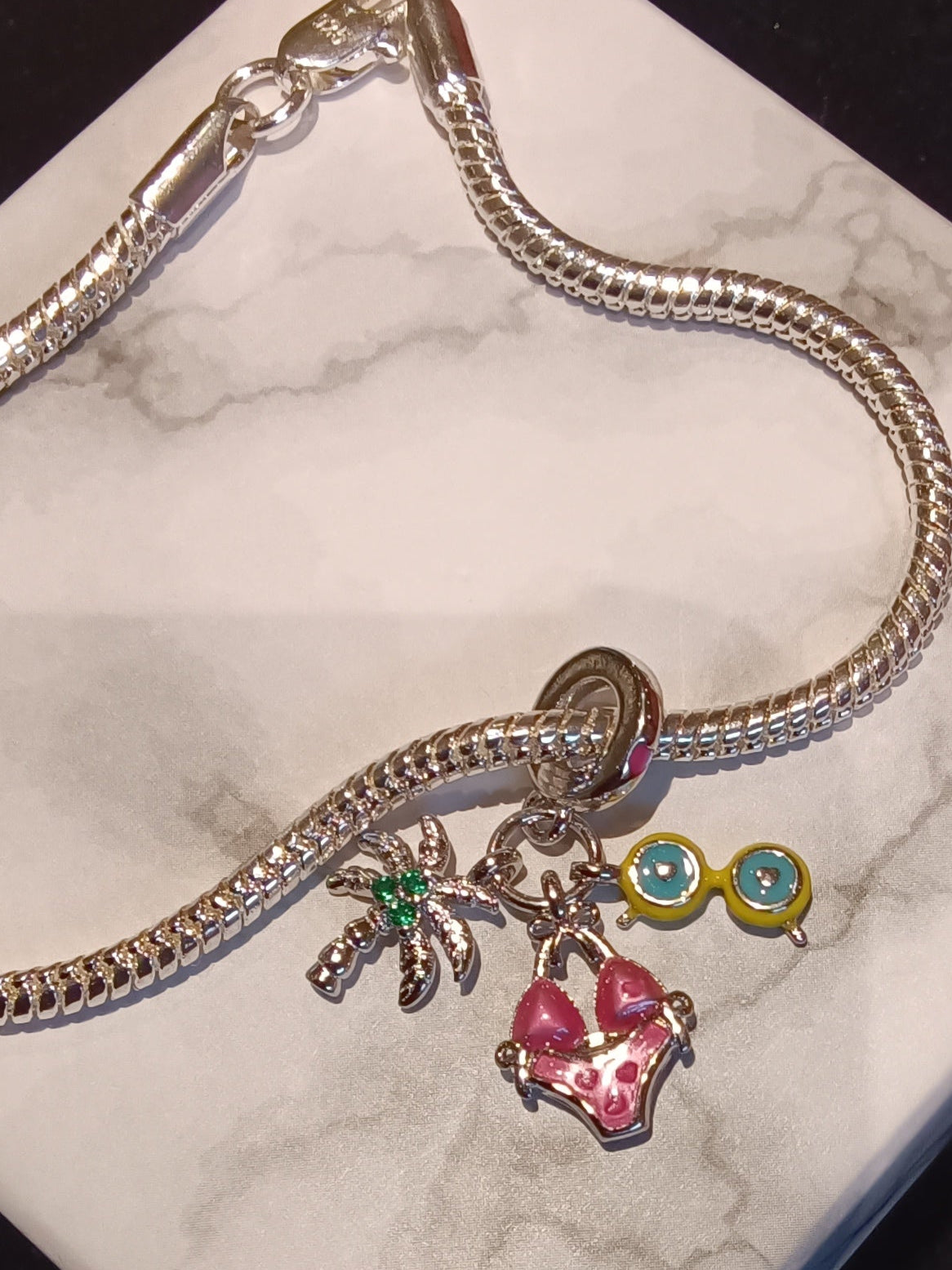 Gliederarmband +Charm-Anhänger "Insel/Bikini/Reise" 925er Sterling Silber