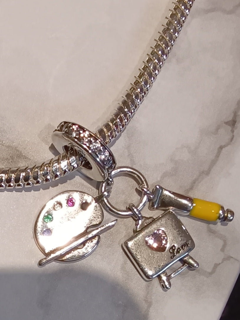 Gliederarmband+Charm-Anhänger "Künstler/Maler"925er Sterling Silber
