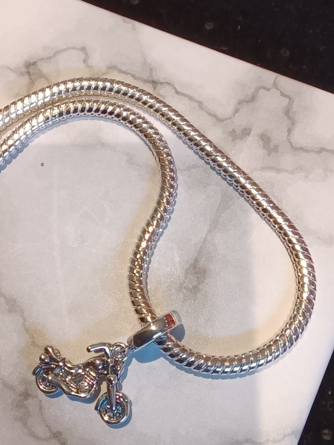 Gliederarmband+Charm-Anhänger "Motorrad" 925er Sterling Silber