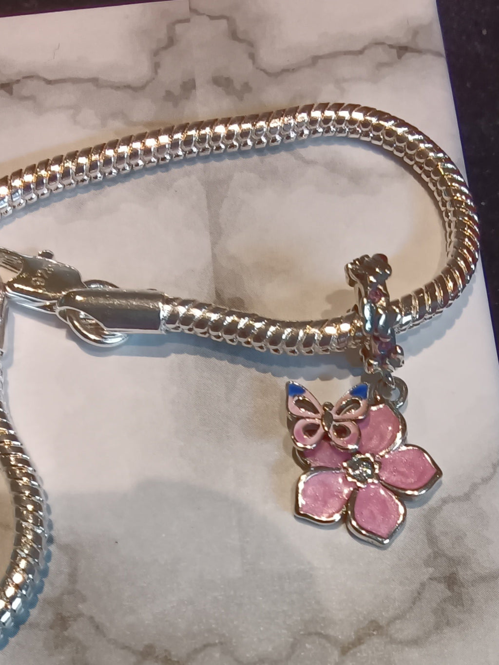 Gliederarmband+Charm-Anhänger "Blume/Schmetterling"925er Sterlin Silber