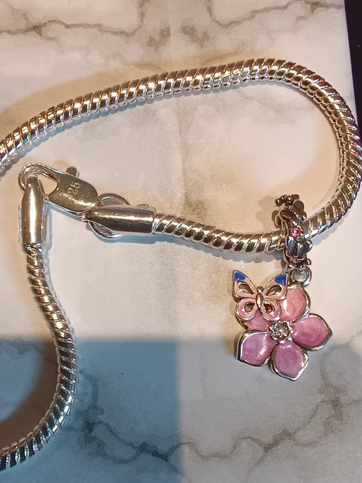 Gliederarmband+Charm-Anhänger "Blume/Schmetterling"925er Sterlin Silber